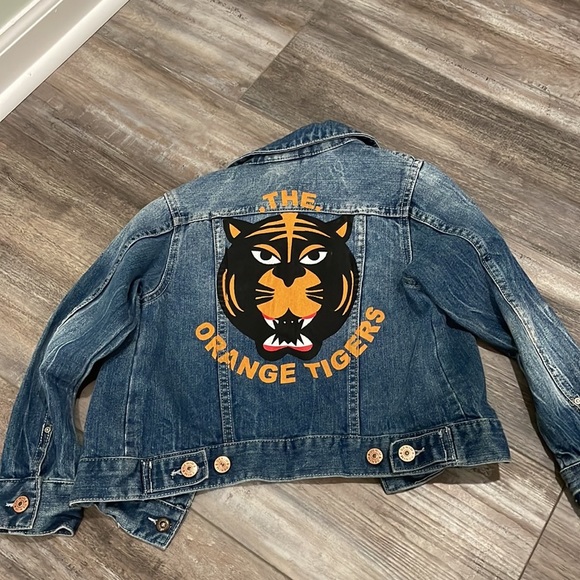H&M Kids Denim Jacket “The Orange Tiger” Back Mural Patches Size 6-7 Blue - Picture 2 of 5